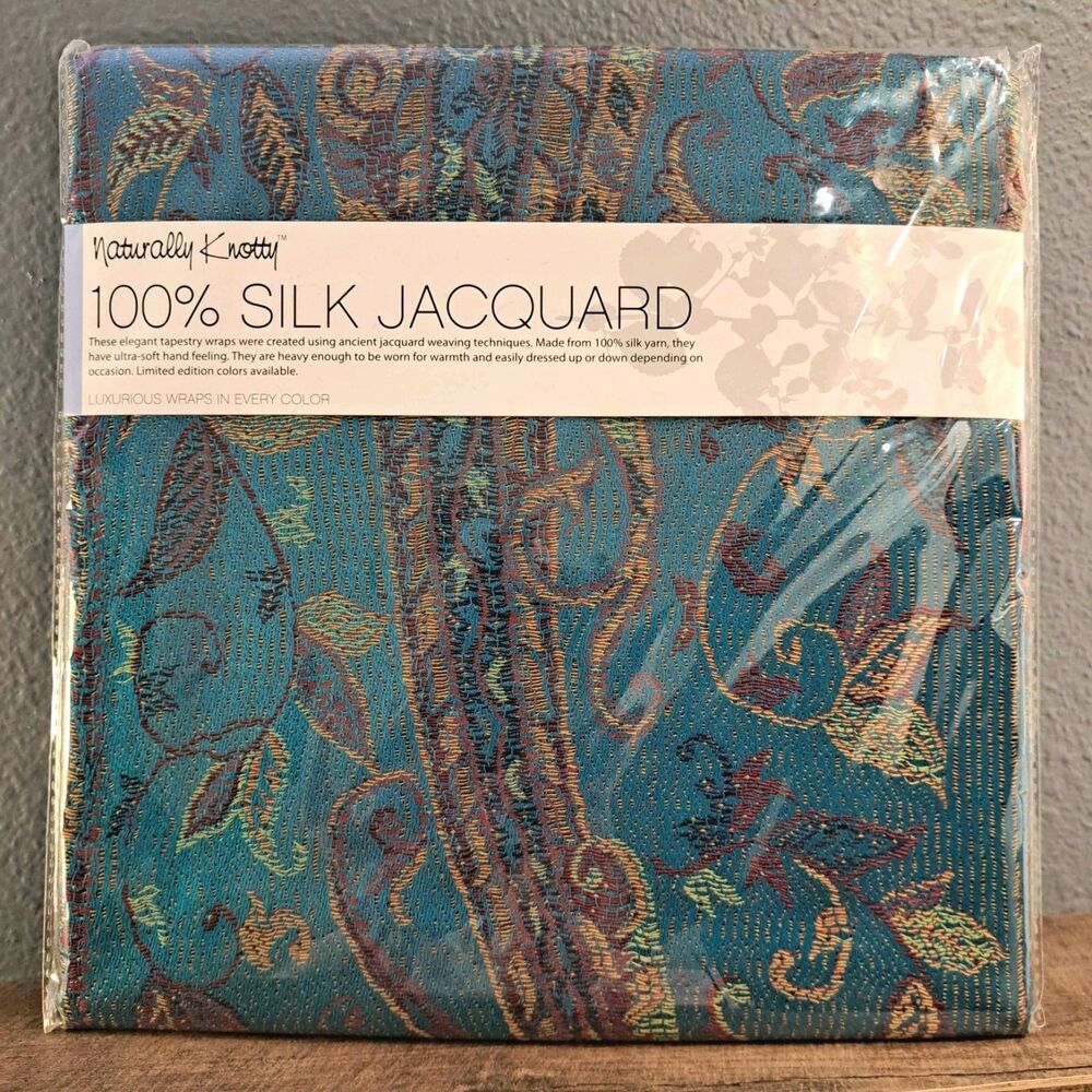 NEW Naturally Knotty 100% Silk Jacquard Shawl Wrap 26 x 77 With Fringe Teal Red
